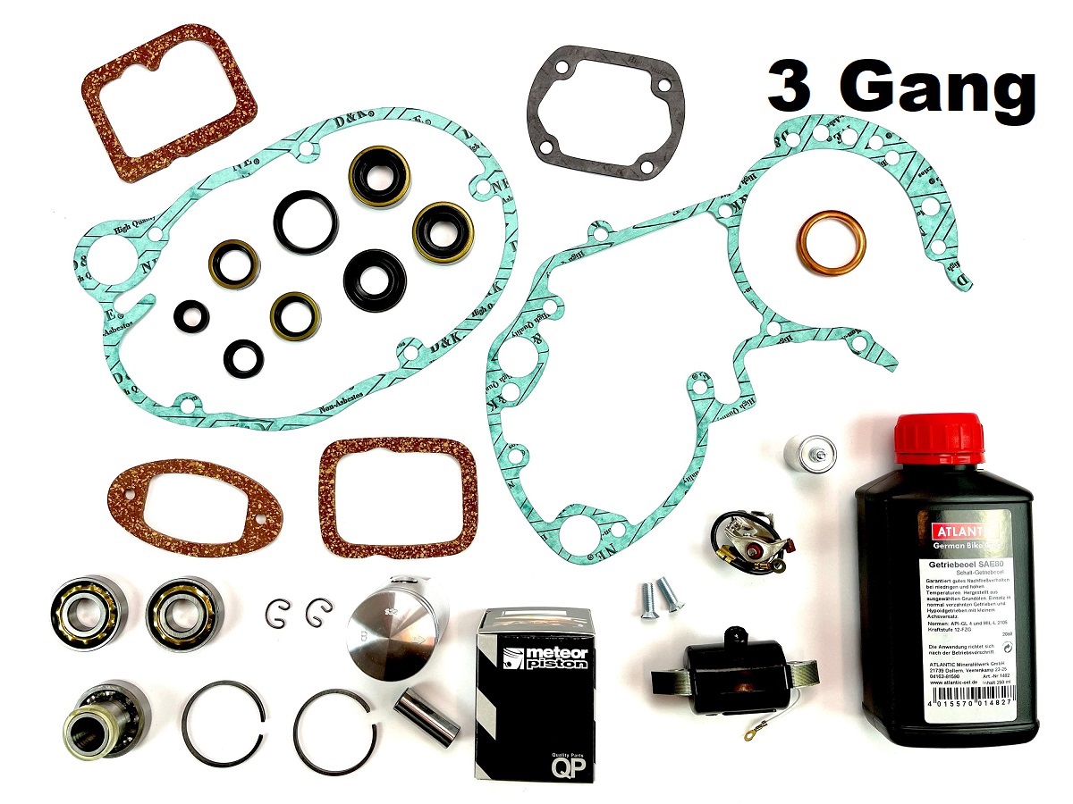 Motor Überholsatz groß E15 / Komplett Zündung + Motordichtsatz für Sachs 50 mit 3 Gang Lager Simmeri