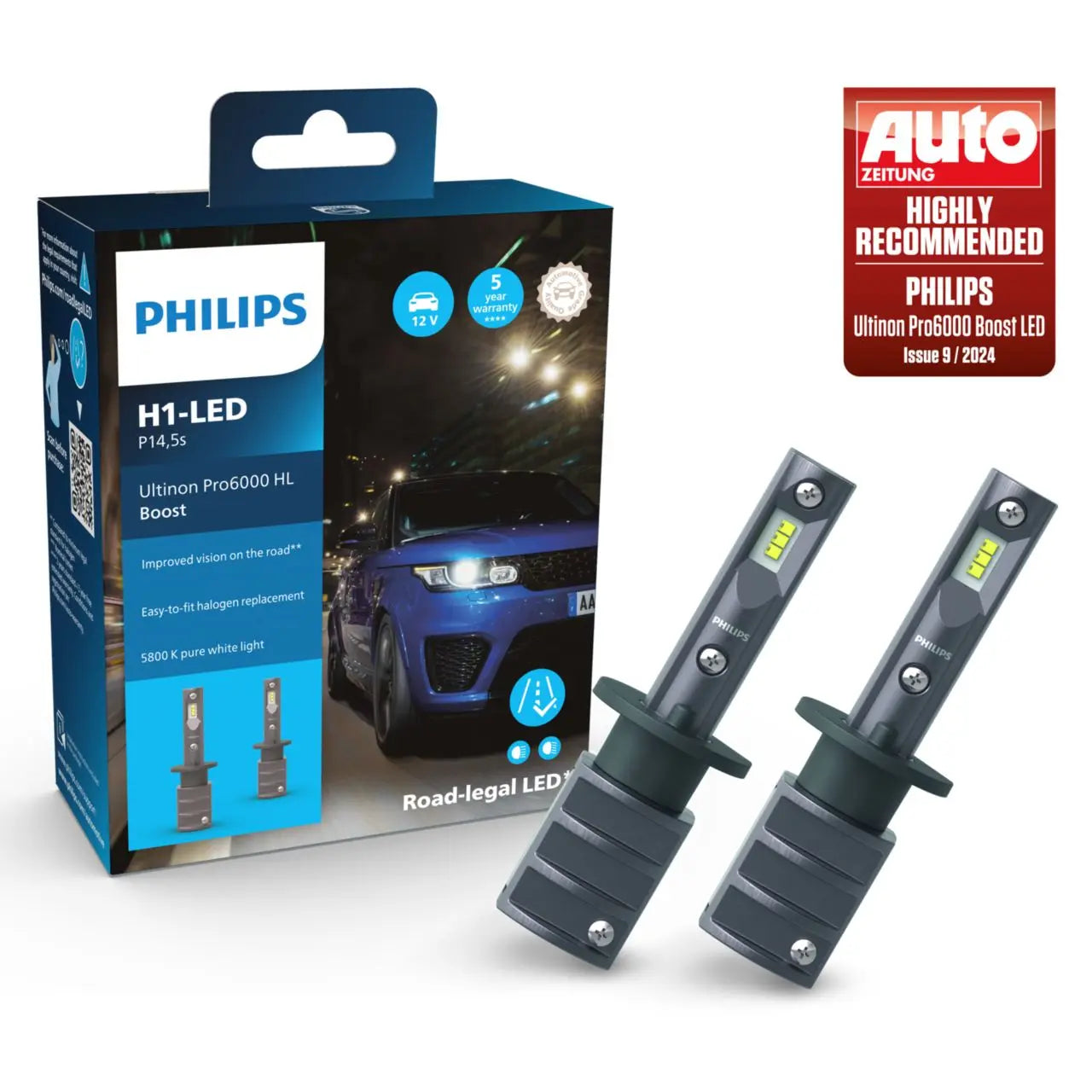 H1 12V 13W Philips Ultinon Pro6000 Boost 5800K +300% mit Straßenzulassung Doppelpack