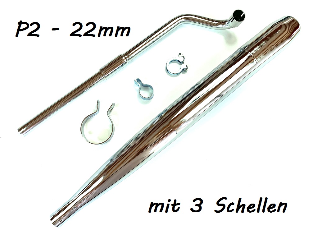 SET Auspuff chrom mit Schellen und 22mm Krümmer P2 Steck für Hercules Prima 2 3 4 5