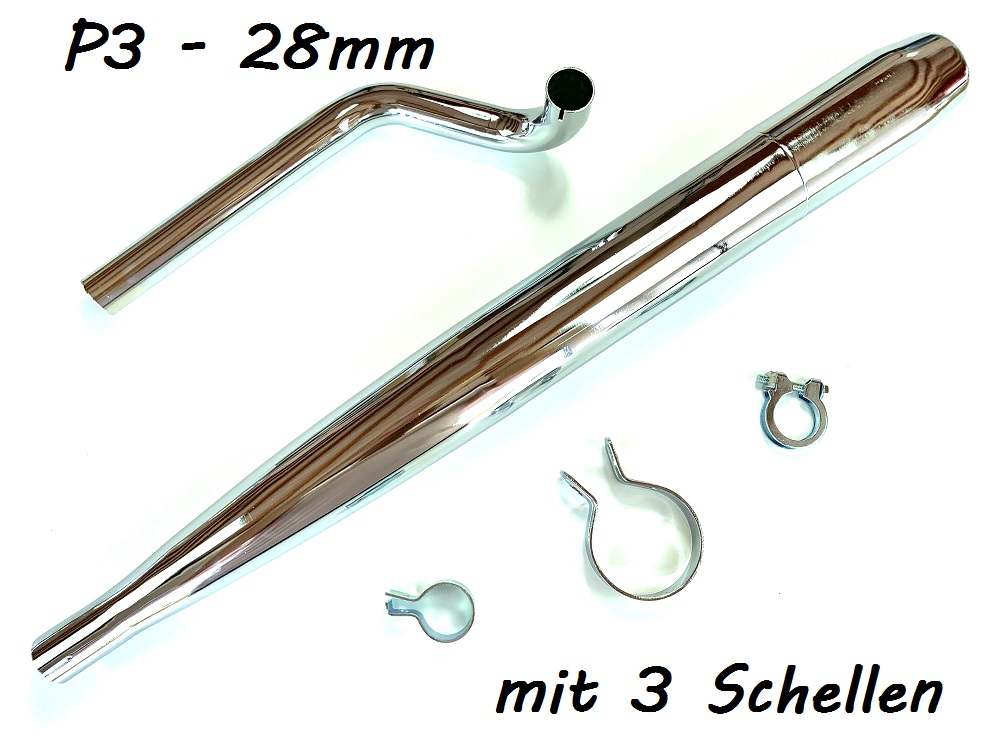 SET Auspuff chrom und 28mm Krümmer P3 Steck kurz mit Schellen für Hercules Prima 2 3 4 5