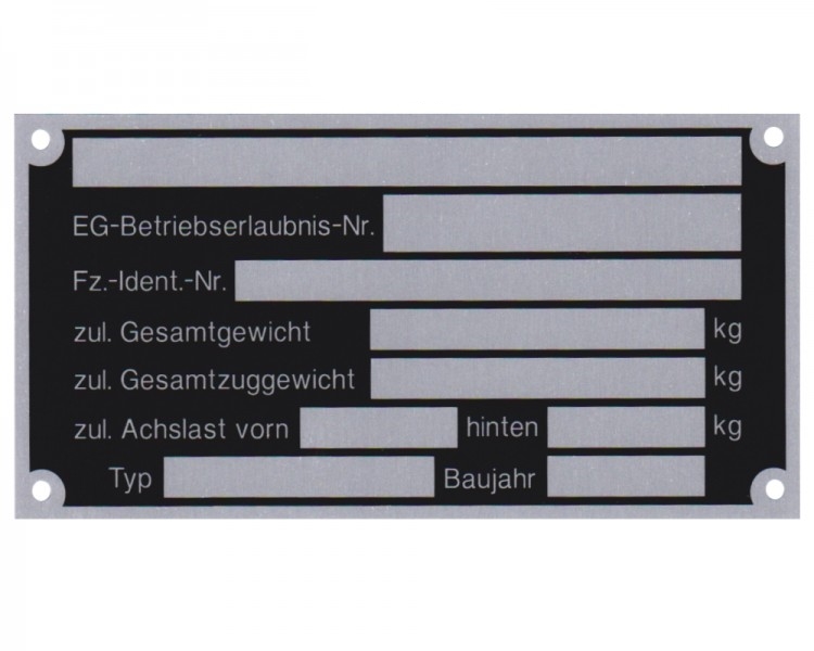 25 x Blanko Typenschild Anhängertypenschild Neutral Anhänger Vers. 3