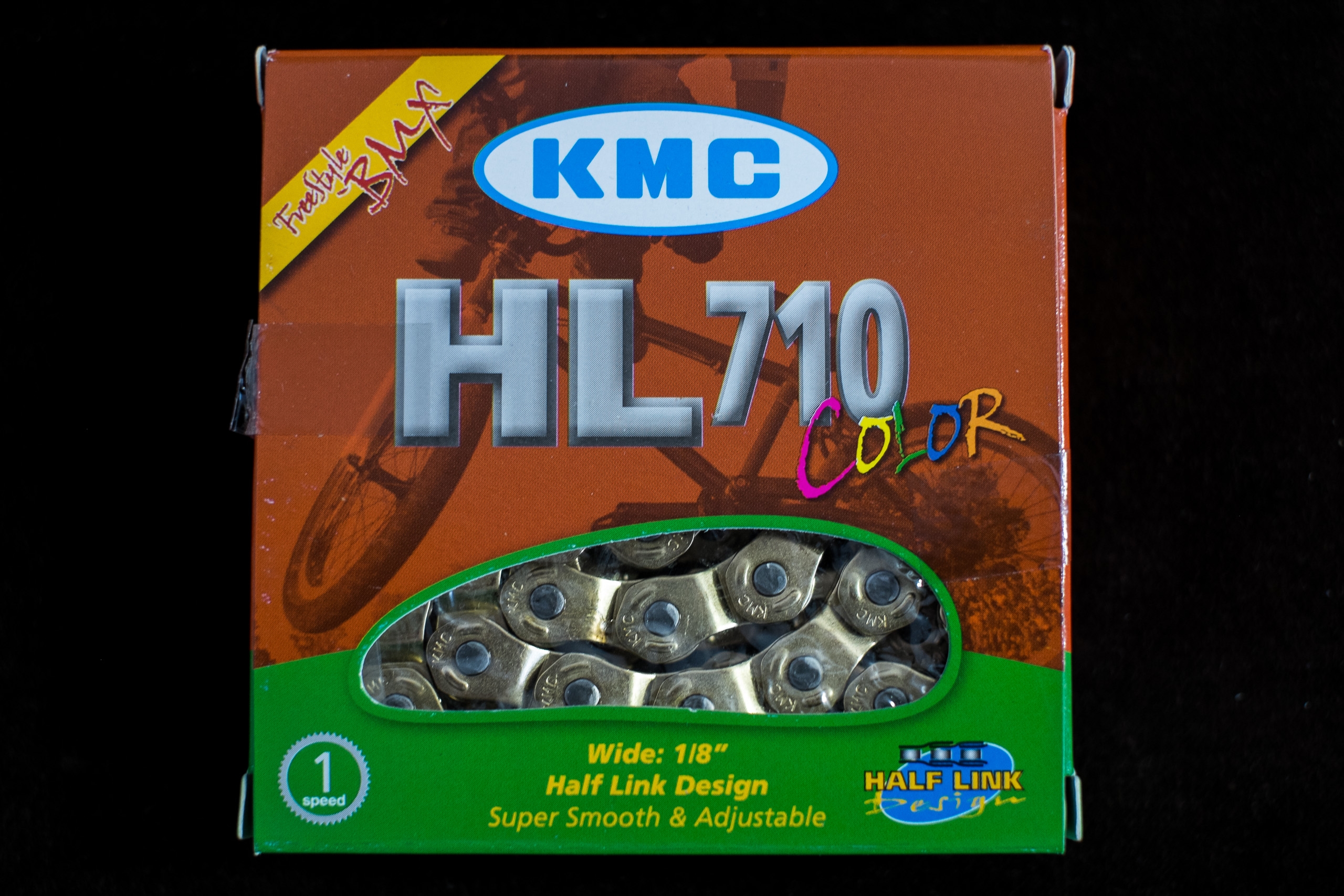 KMC HL710 Half Link Kette – 1 Fach – 1/2 x 1/8 – silber + gold – 104 Links